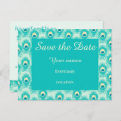 Aquamarine Pfauenfeder Save the Date Postkarte (Vorne/Hinten)