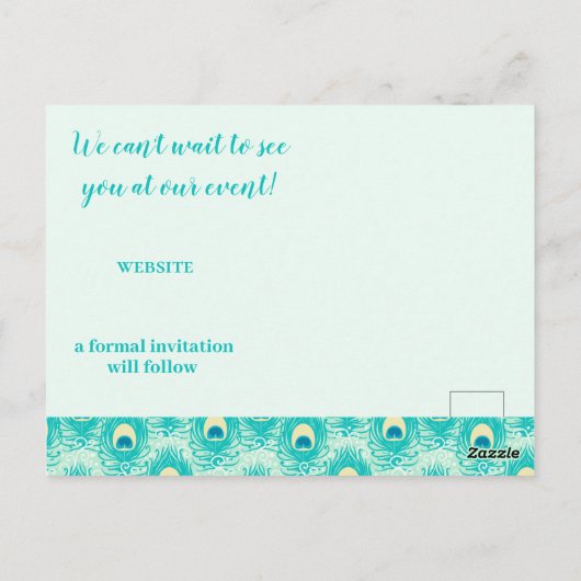 Aquamarine Pfauenfeder Save the Date Postkarte (Rückseite)