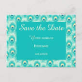 Aquamarine Pfauenfeder Save the Date Postkarte (Vorderseite)