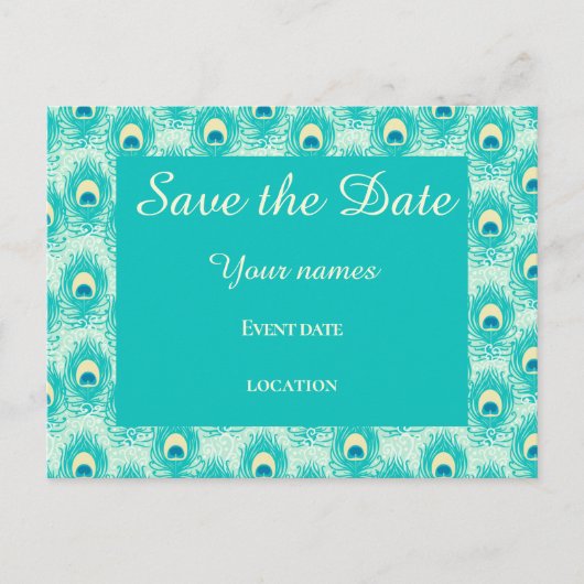 Aquamarine Pfauenfeder Save the Date Postkarte (Vorderseite)