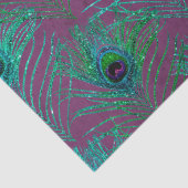 Aquamarine Pfauenfedern auf Lila Dekoupage Seidenpapier (Detail)