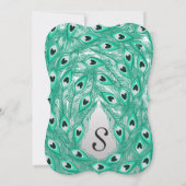 Aquamarine Pfauenfedern auf Weiß bis Grau Einladung (Rückseite)