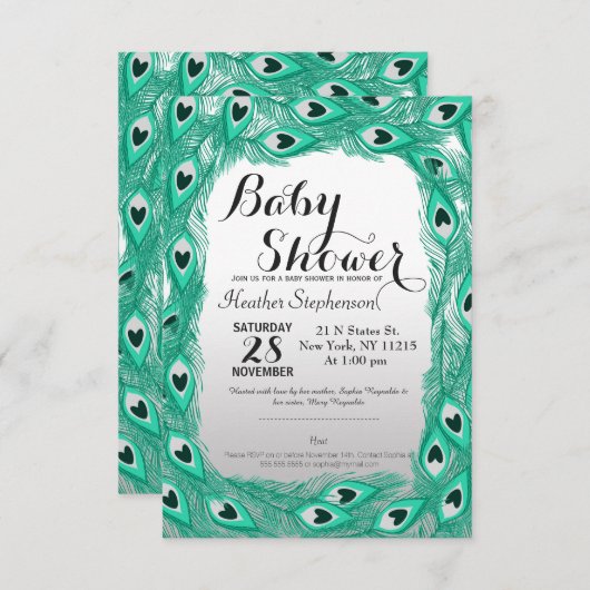 Aquamarine Pfauenfedern auf Weiß bis Grau Einladung (Vorne/Hinten)