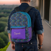 Aquamarine Pfauenfedern und Lila Goldmonogramm Bedruckter Rucksack