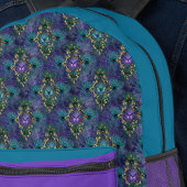 Aquamarine Pfauenfedern und Lila Goldmonogramm Bedruckter Rucksack