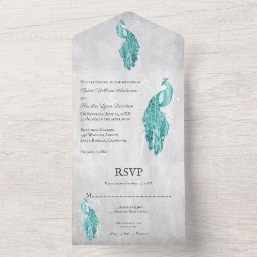 Aquamarine Pfauenhochzeit in einer Einladung (Innen Boden)