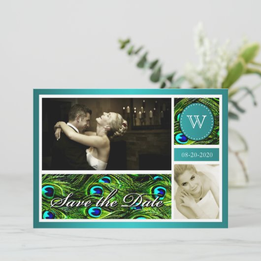 Aquamarine PfauenWedding speichert die Datumskarte Save The Date (Stehend Vorderseite)