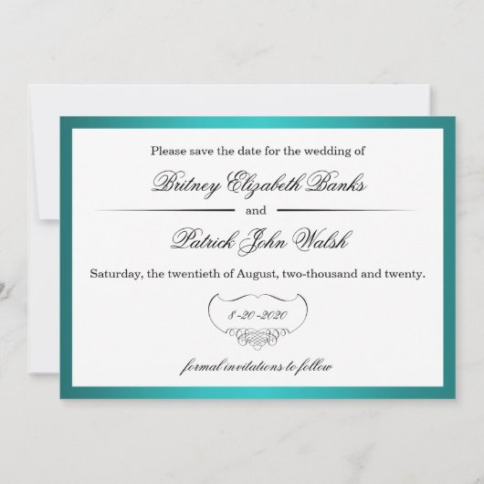 Aquamarine PfauenWedding speichert die Datumskarte Save The Date (Rückseite)