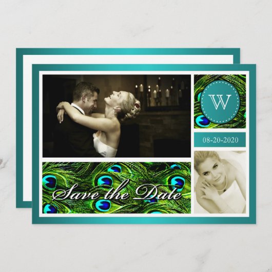 Aquamarine PfauenWedding speichert die Datumskarte Save The Date (Vorne/Hinten)