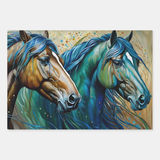 Aquamarine Pferde, Umschlagpapier, flaches Blatt S (Vorderseite 2)