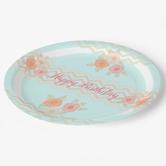 Aquamarine Pfirsich- und rosafarbene Papierplatte Pappteller (Schrägansicht)