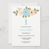 Aquamarine Pfirsichblume Mädchen oder Junge 1. Geb Einladung (Vorderseite)