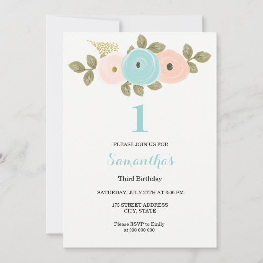 Aquamarine Pfirsichblume Mädchen oder Junge 1. Geb Einladung (Vorderseite)