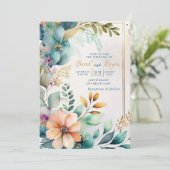 Aquamarine Pfirsichblütengrün Goldene Hochzeit Ein Einladung (Stehend Vorderseite)