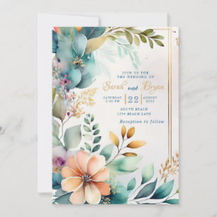 Aquamarine Pfirsichblütengrün Goldene Hochzeit Ein Einladung