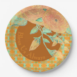 Aquamarine Pfirsiche und Gold in Braun Pappteller