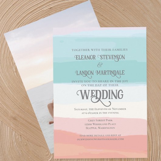 Aquamarine Pfirsichfarben Sonnenuntergang Hochzeit Einladung