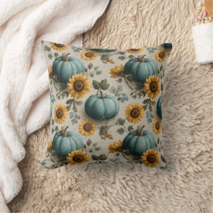 Aquamarine Pumpkins und goldene Sonnenblumen Kissen