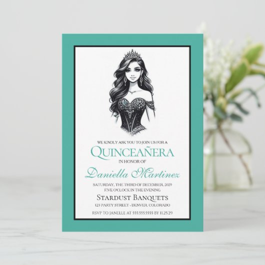 Aquamarine Quinceañera Girl Einladung (Stehend Vorderseite)