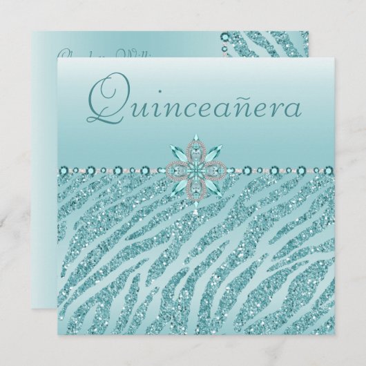 Aquamarine Quinceanera Printed Jewels & Zebra Glit Einladung (Vorne/Hinten)