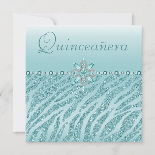 Aquamarine Quinceanera Printed Jewels & Zebra Glit Einladung (Vorderseite)
