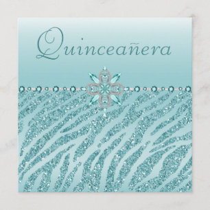 Aquamarine Quinceanera Printed Jewels & Zebra Glit Einladung