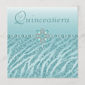 Aquamarine Quinceanera Printed Jewels & Zebra Glit Einladung