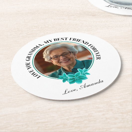 Aquamarine Rahmen-Großmutter mit Blumenmuster zum  Runder Pappuntersetzer (Angewinkelt)