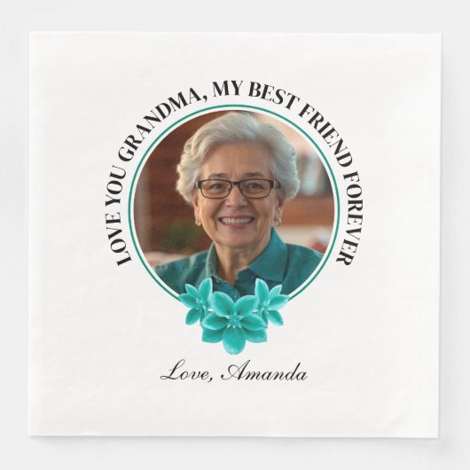 Aquamarine Rahmen-Großmutter mit Blumenmuster zum  Serviette (Vorderseite)