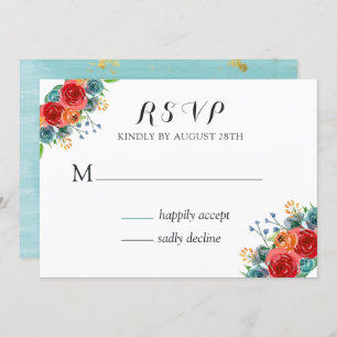 Aquamarine Red Orange Watercolor Rose Hochzeit RSV Einladung
