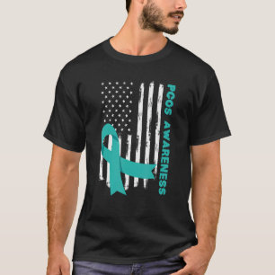 Aquamarine Ribbon American Flag PCOS Sensibilisier T-Shirt