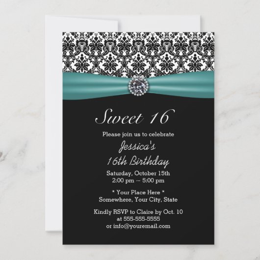 Aquamarine Ribbon & Damask Chic Diamond Sweet 16 Einladung (Vorderseite)