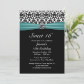 Aquamarine Ribbon & Damask Chic Diamond Sweet 16 Einladung (Stehend Vorderseite)