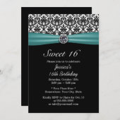 Aquamarine Ribbon & Damask Chic Diamond Sweet 16 Einladung (Vorne/Hinten)