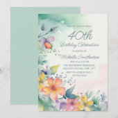 Aquamarine rosa Gelbpastellfarben Blume 40. Geburt Einladung (Vorne/Hinten)