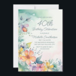 Aquamarine rosa Gelbpastellfarben Blume 40. Geburt Einladung<br><div class="desc">Hübsche aquamarine, gelbe und rosa Aquarellpastellfarben Blume 40. Geburtstag Party Einladung für Frauen. Text, Schriftart und Wortlaut sind vollständig anpassbar, sodass diese Karte, obwohl sie für eine Dame konzipiert ist, die ihren 40. Geburtstag feiert, für jedes Alter angepasst werden kann. Kontaktieren Sie uns für Hilfe bei der Anpassung oder um...</div>