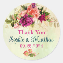 Aquamarine, rosa, grüne, goldfarbene Floralhochzei Runder Aufkleber