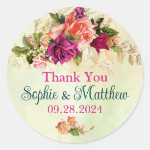 Aquamarine, rosa, grüne, goldfarbene Floralhochzei Runder Aufkleber