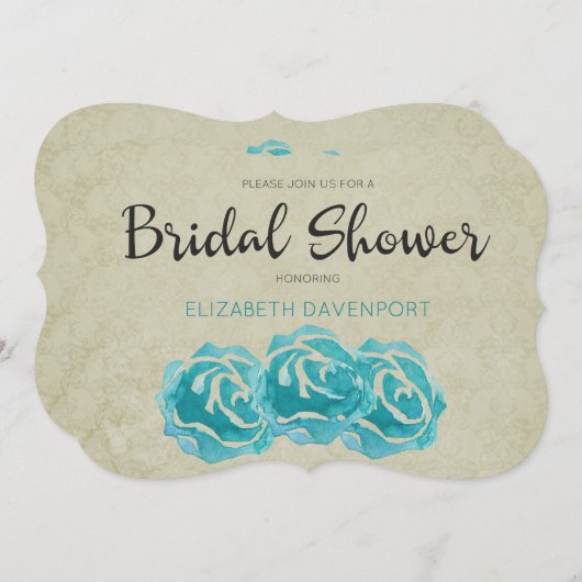 Aquamarine Rose auf dem Brautparty Tan Damask Einladung (Vorne/Hinten)