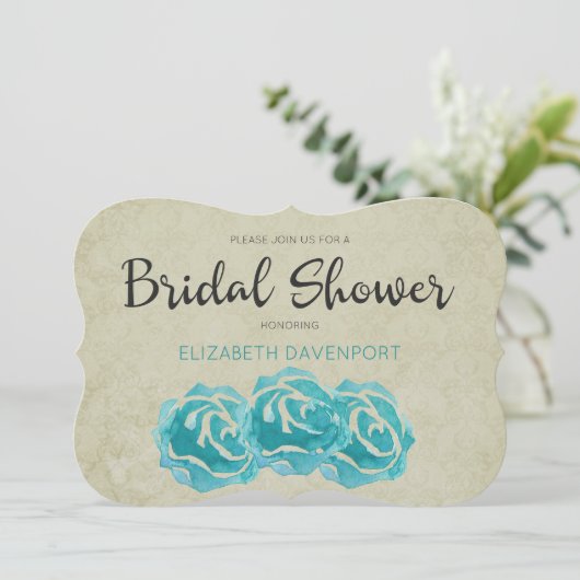 Aquamarine Rose auf dem Brautparty Tan Damask Einladung (Stehend Vorderseite)