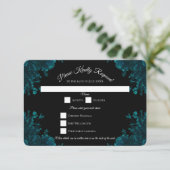 Aquamarine Rose Black Gothic Wedding RSVP Antwort Einladung (Stehend Vorderseite)