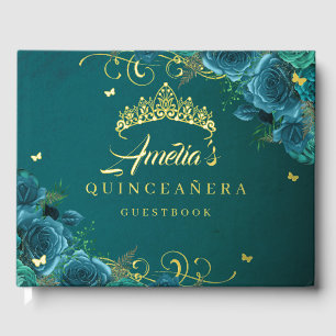 Aquamarine Rose Blumenwirbel Quinceanera Gold Gästebuch