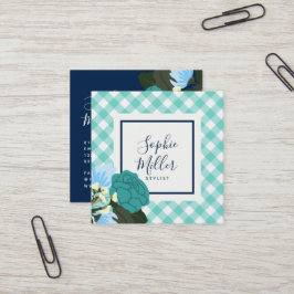 Aquamarine Rose Floral und Mint Gingham Quadratische Visitenkarte