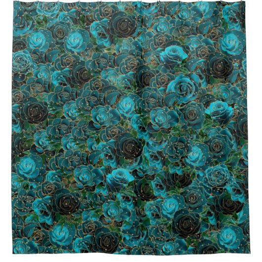 Aquamarine Rose Gold Glitzer Glam Blumenmuster Duschvorhang (Vorderseite)
