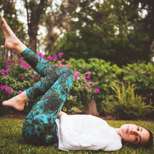 Aquamarine Rose Gold Glitzer Glam Floral Boho Leggings