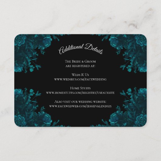 Aquamarine Rose Schwarz-Gotik-Hochzeit Begleitkarte (Rückseite)