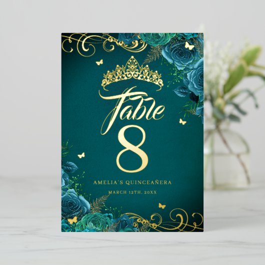 Aquamarine Rose Swirl Quinceanera Gold Tischnummer (Stehend vorne)