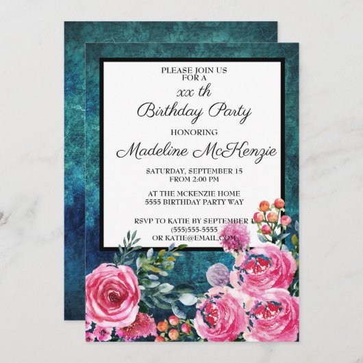 Aquamarine Rosenstrahlen Geburtstagsparty Einladung (Vorne/Hinten)