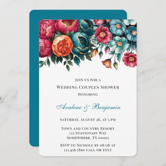 Aquamarine Rote Orange Blütengoldverheiratung Dusc Einladung (Vorne/Hinten)