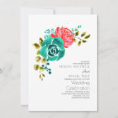 Aquamarine Rote Rosen Boho Floral Wedding Einladung (Vorderseite)